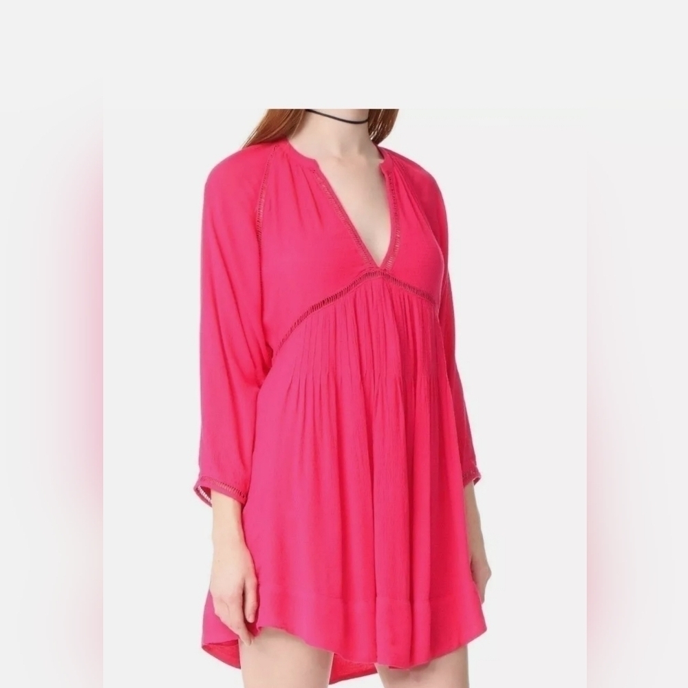 FREE PEOPLE GO LIGHTLY V-NECK 3/4 SLEEVE SWING DRESS HOT PINK SIZE SMALL